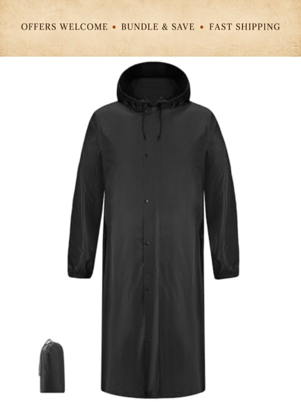 Waterproof Long Raincoat Hooded Packable Rain Jacket Lightweight
